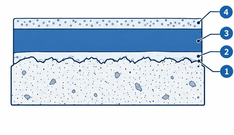 Diagram: cross-section of a solid color epoxy garage floor, ground concrete, primer, pigmented epoxy build coat and a grit-textured top coat